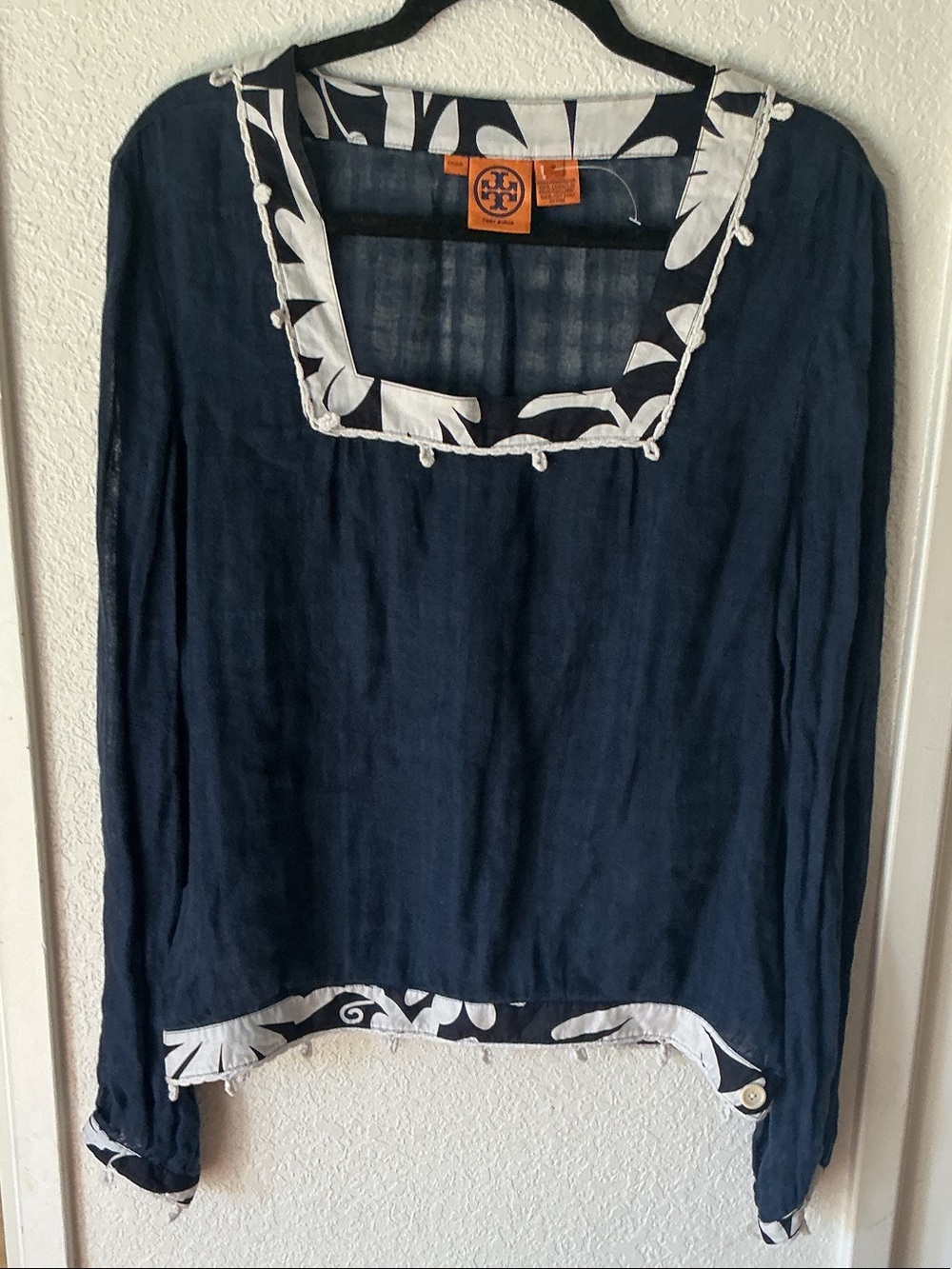 Tory Burch Navy Linen-Blend Square Neck Tunic with White Trim